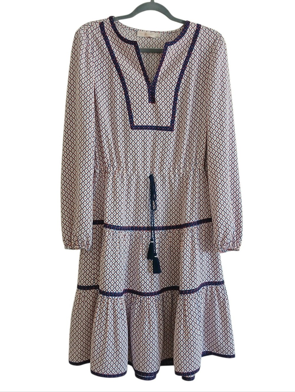 TORY BURCH Long Midi Sleeve Cinch Waist Dress Women's 6 Red White Blue